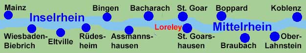 Rheinlauf vom Inselrhein und Mittelrhein mit Mainz, Wiesbaden-Biebrich, Eltville, R�desheim, Bingen, Assmannshausen, Bacharach, Oberwesel, St. Goar, St. Goarshausen, Boppard, Braubach, Ober-Lahnstein und Koblenz